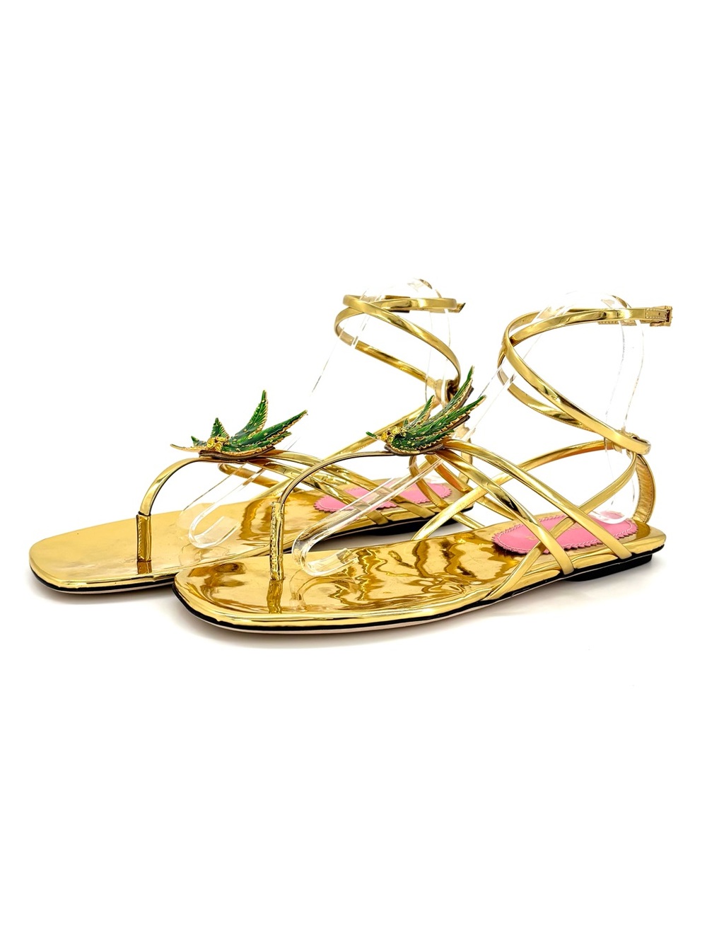 Dsquared2 Marija Gold Mirror Patent Leather Leaf Ankle Wrap Flat Sandals 39